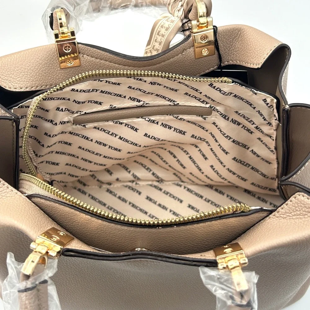 Badgley Mischka Satchel Handbag Women Medium Nude Vegan Leather Scarf Handle NEW